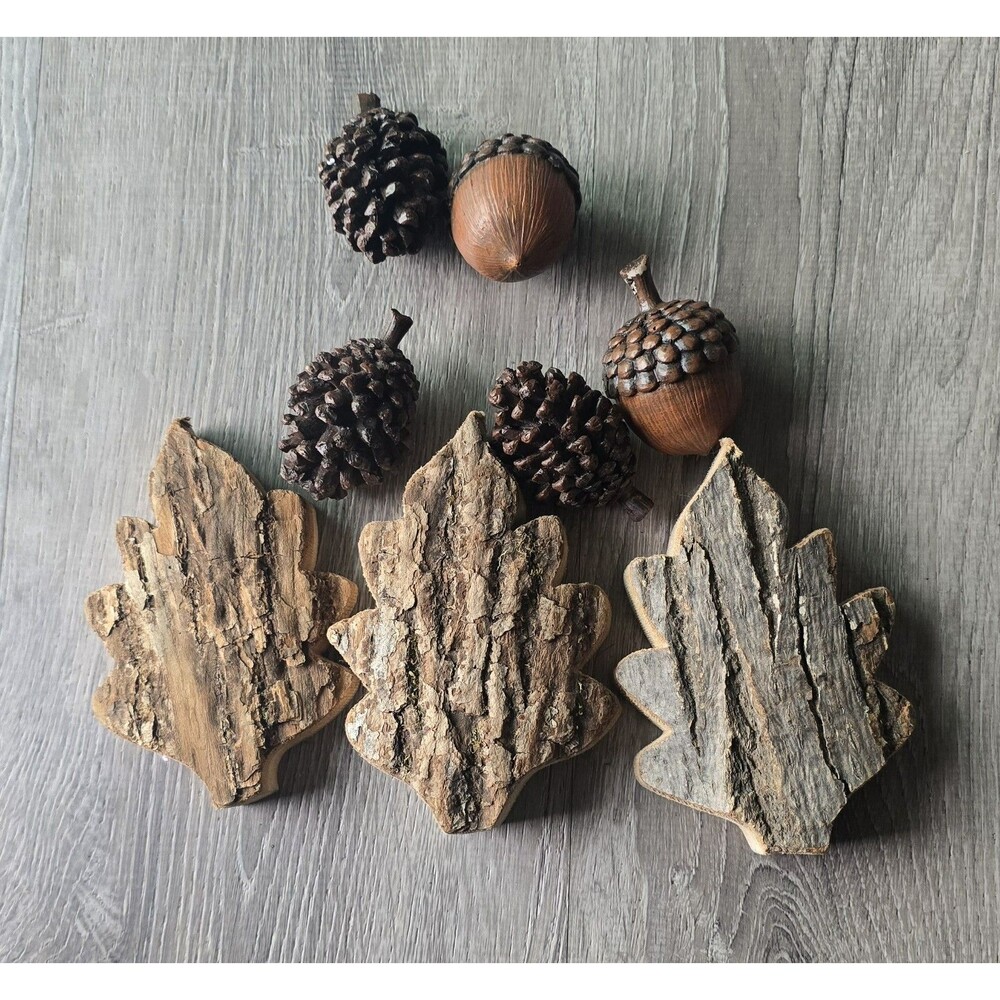 Resin Wood-look Acorns & Pinecones with 3 Wood Chunky Leaves Fall Rustic Decor